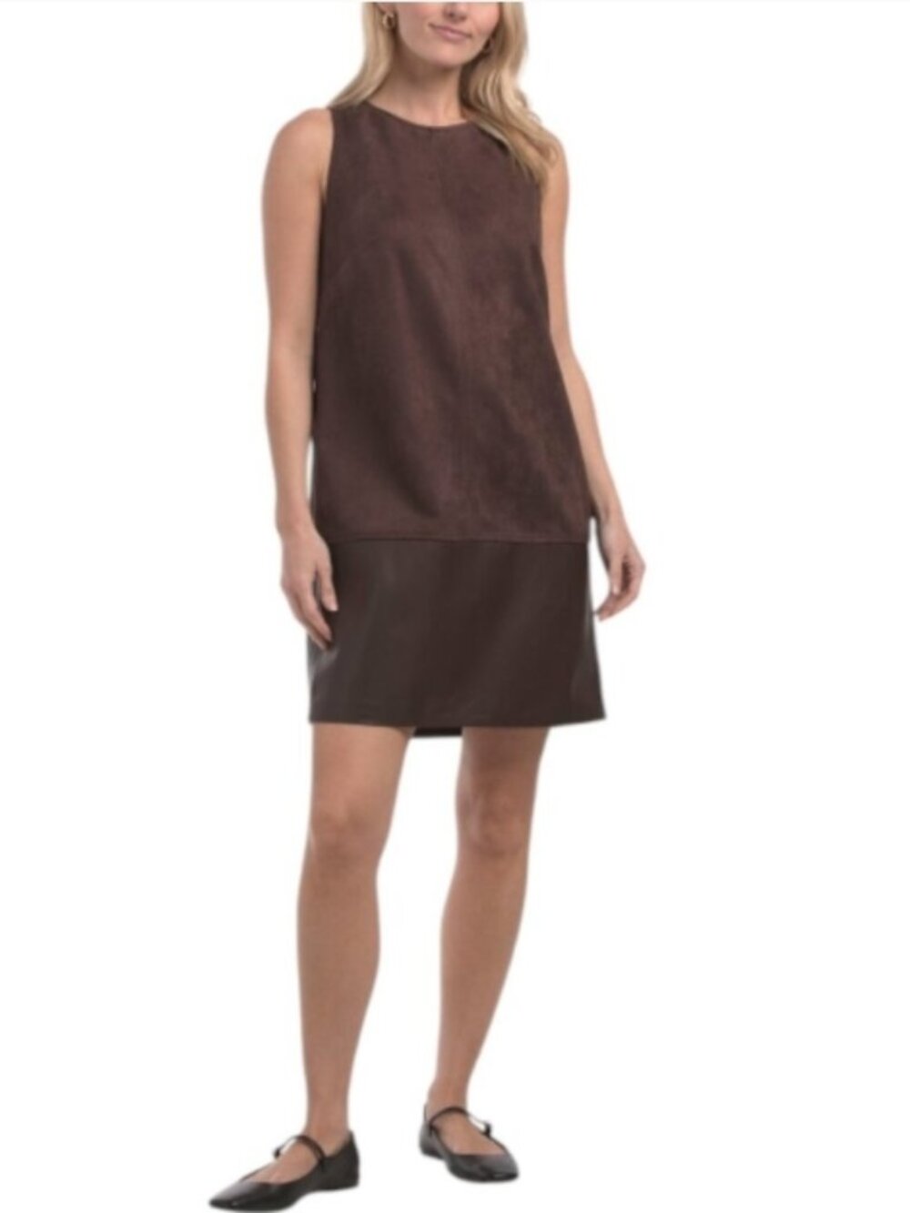 NWT CALVIN KLEIN Brown Faux Suede and Faux Leather Mini Sheath Dress Size 6